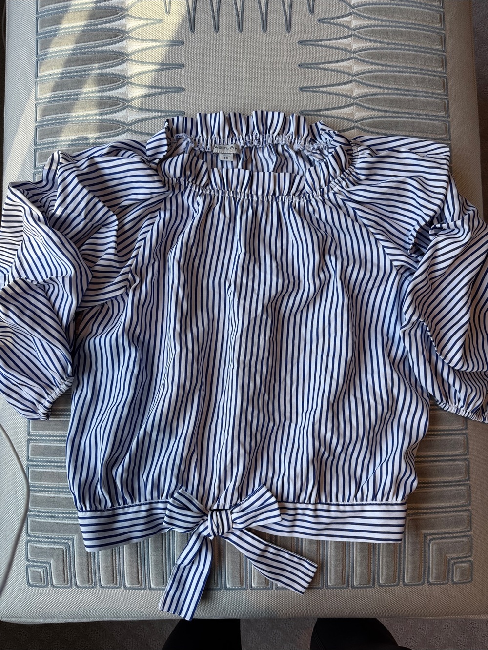 Habitual girls 14 darling blue, and white striped elastic ruffle top